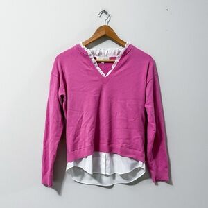 Pinch Pink and White Ruffle V-Neck Layered Long Sleeve Sweater Top